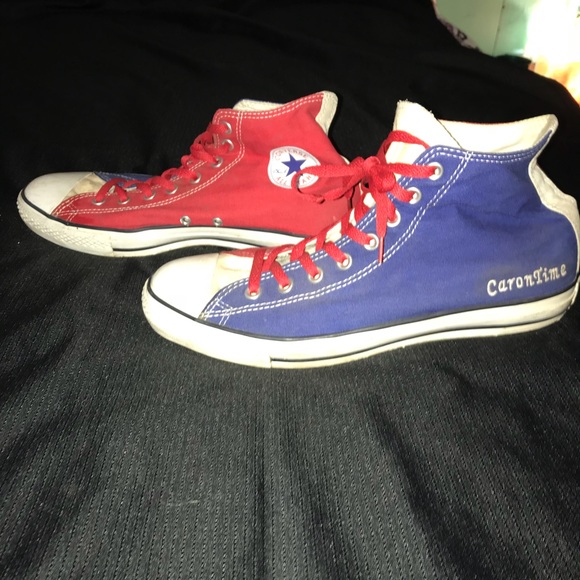 red white and blue high top converse